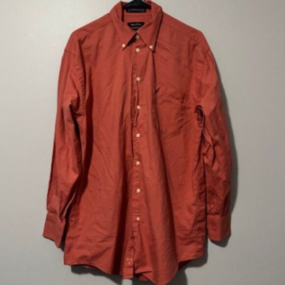 USED Men's Nautica Long Sleeve Button Down Shirt Color Peach Size 15 1/2 - Picture 1 of 1